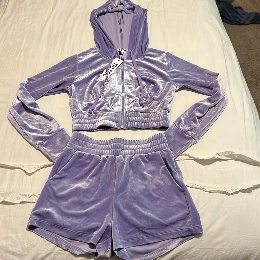 Crushed Purple Matching Velour Set Hoodie w/ shorts